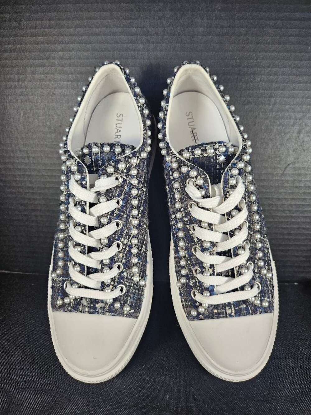 Stuart Weitzman Ollie Mini Pearl Tweed Low Top Platform Sneakers Navy Blue White